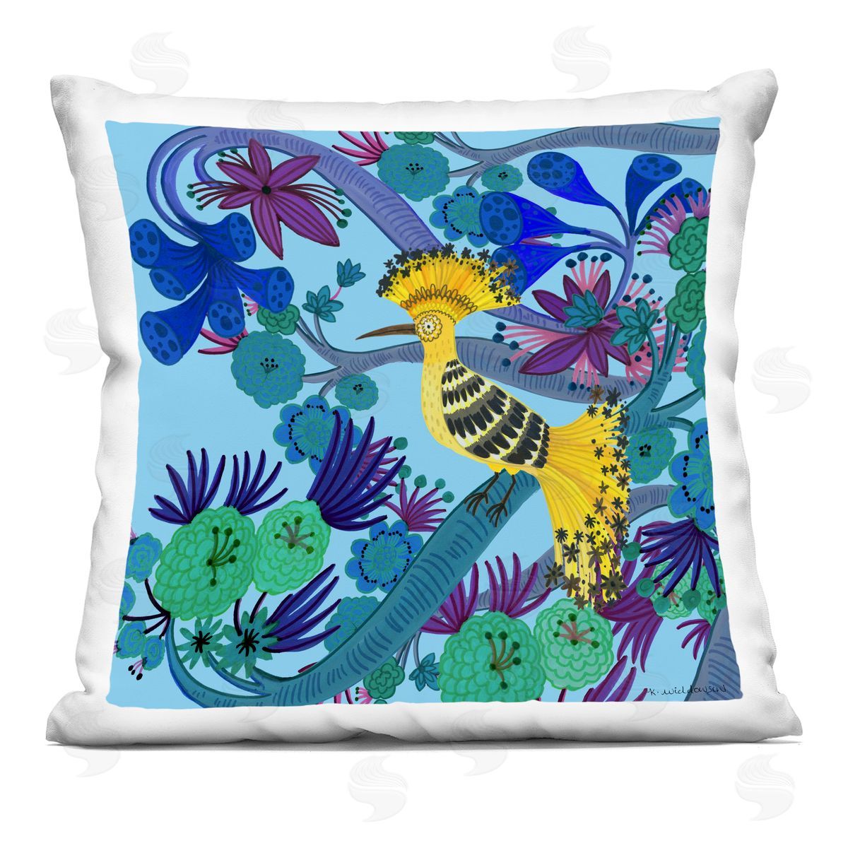 Kay Widdowson Whimsical Yellow Bird & Flowers Printed Plush Polyester Throw Pillow