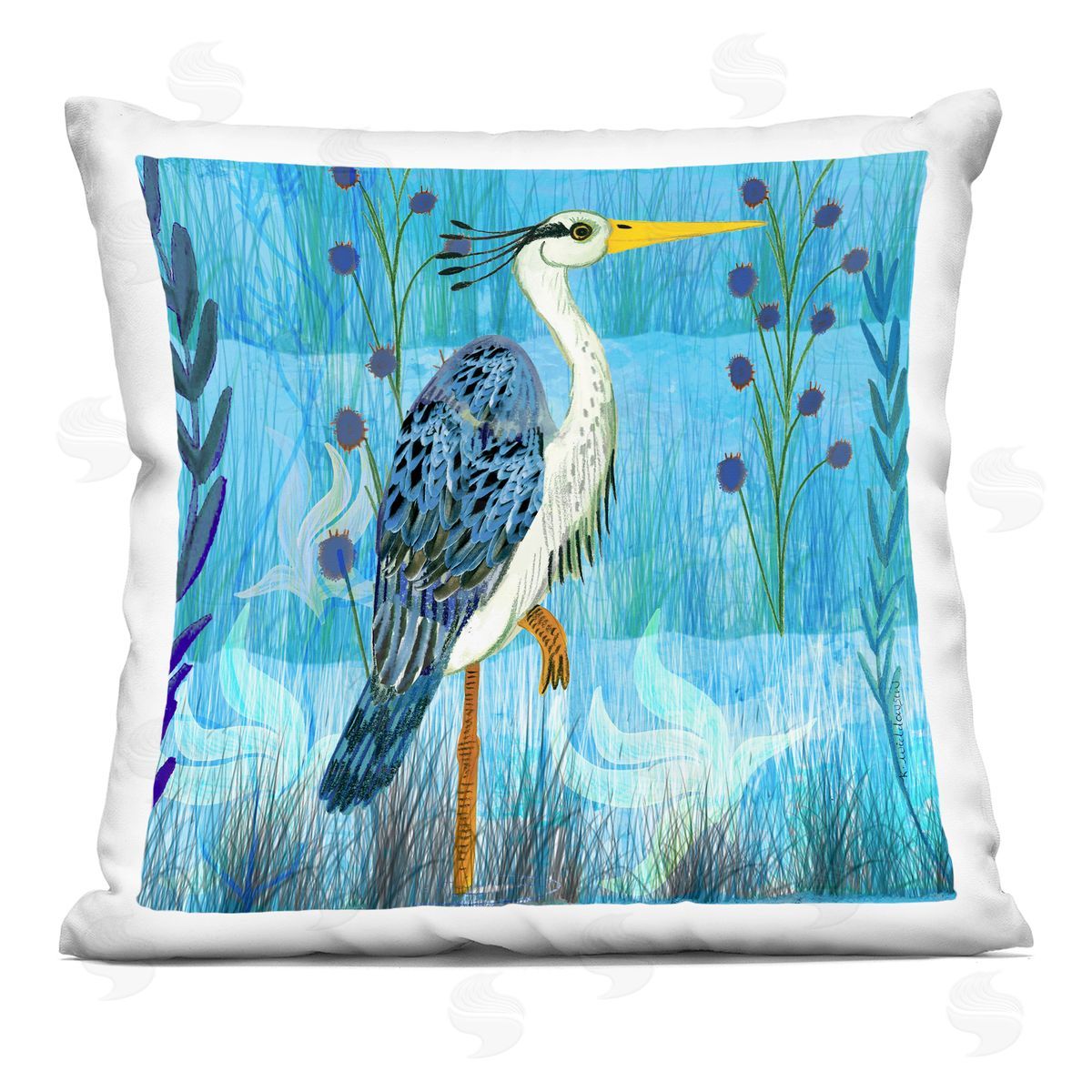 Kay Widdowson Standing Crane with Blue Tones Printed Plush Polyester Throw Pillow