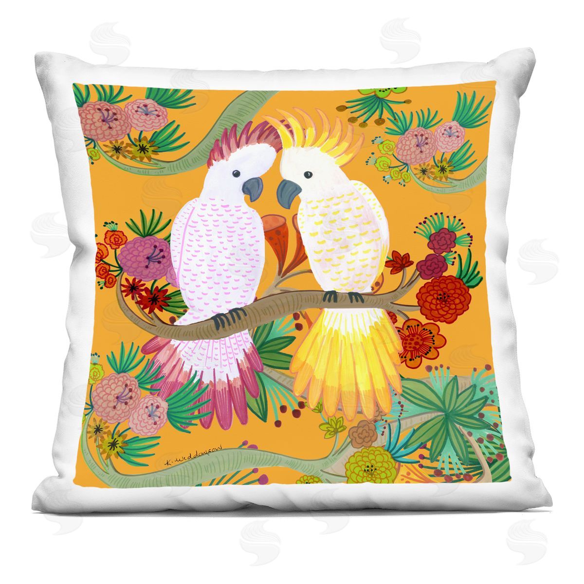 Kay Widdowson Bright Cockatoos & Foliage Printed Plush Polyester Throw Pillow