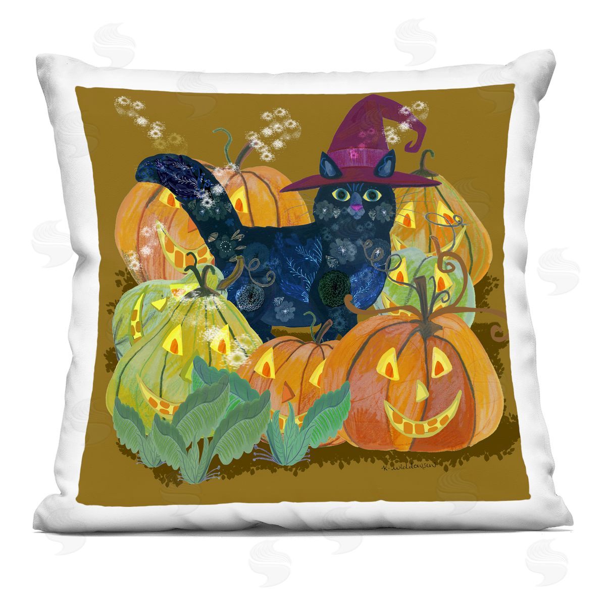 Kay Widdowson Cat with Jack-o-Lanterns Printed Plush Polyester Throw Pillow