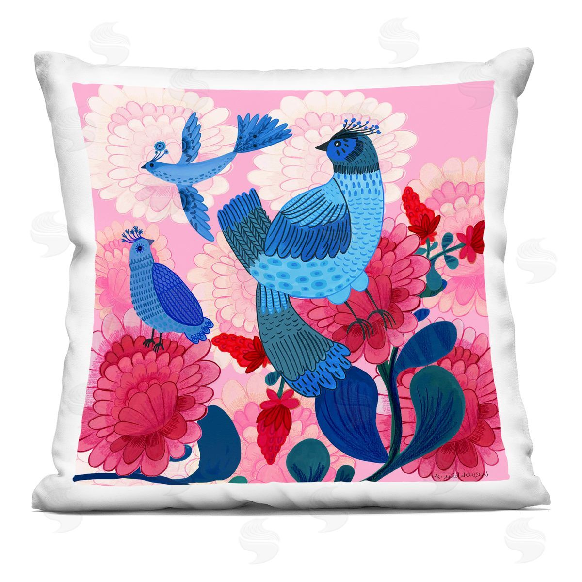 Kay Widdowson Folk Birds on Dahlias Printed Plush Polyester Throw Pillow