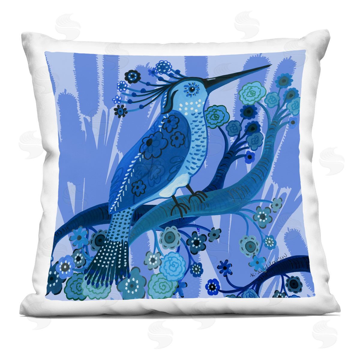 Kay Widdowson Folk Style Blue Bird Printed Plush Polyester Throw Pillow