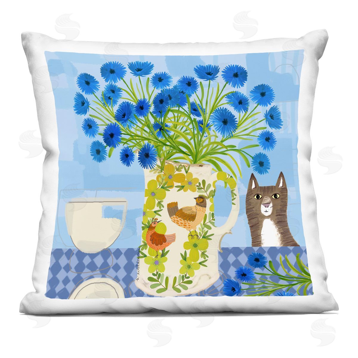 Kay Widdowson Whimsical Jug of Cornflowers Printed Plush Polyester Throw Pillow