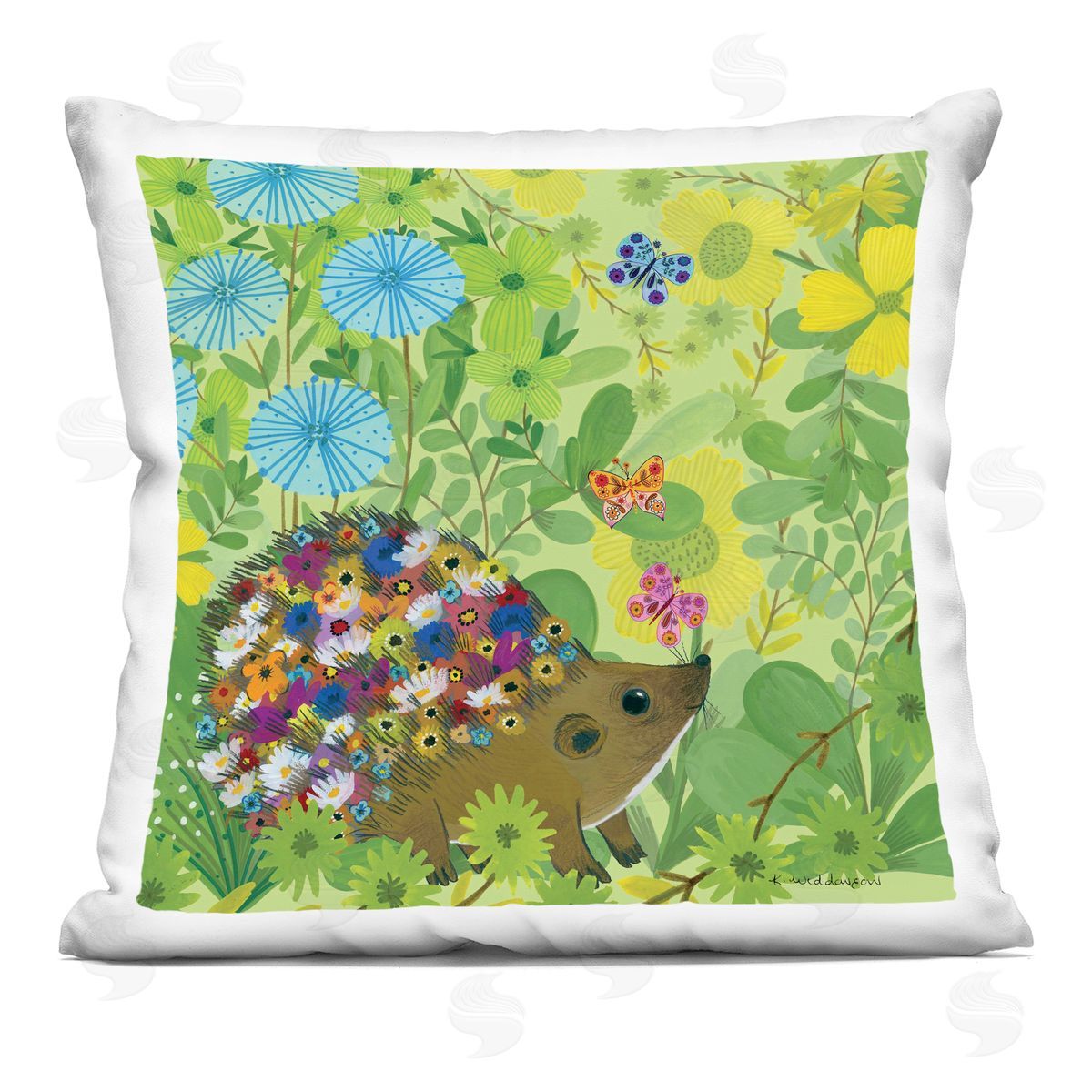 Kay Widdowson Happy Hedgehog & Flowers Printed Plush Polyester Throw Pillow