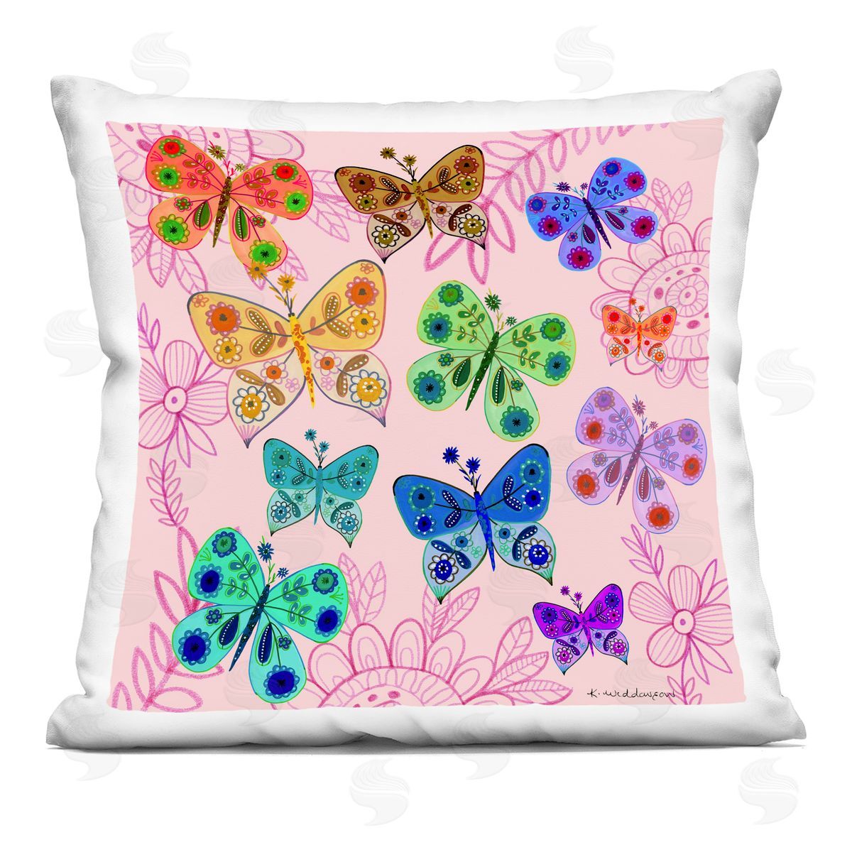 Kay Widdowson Bright Patterned Butterflies Printed Plush Polyester Throw Pillow