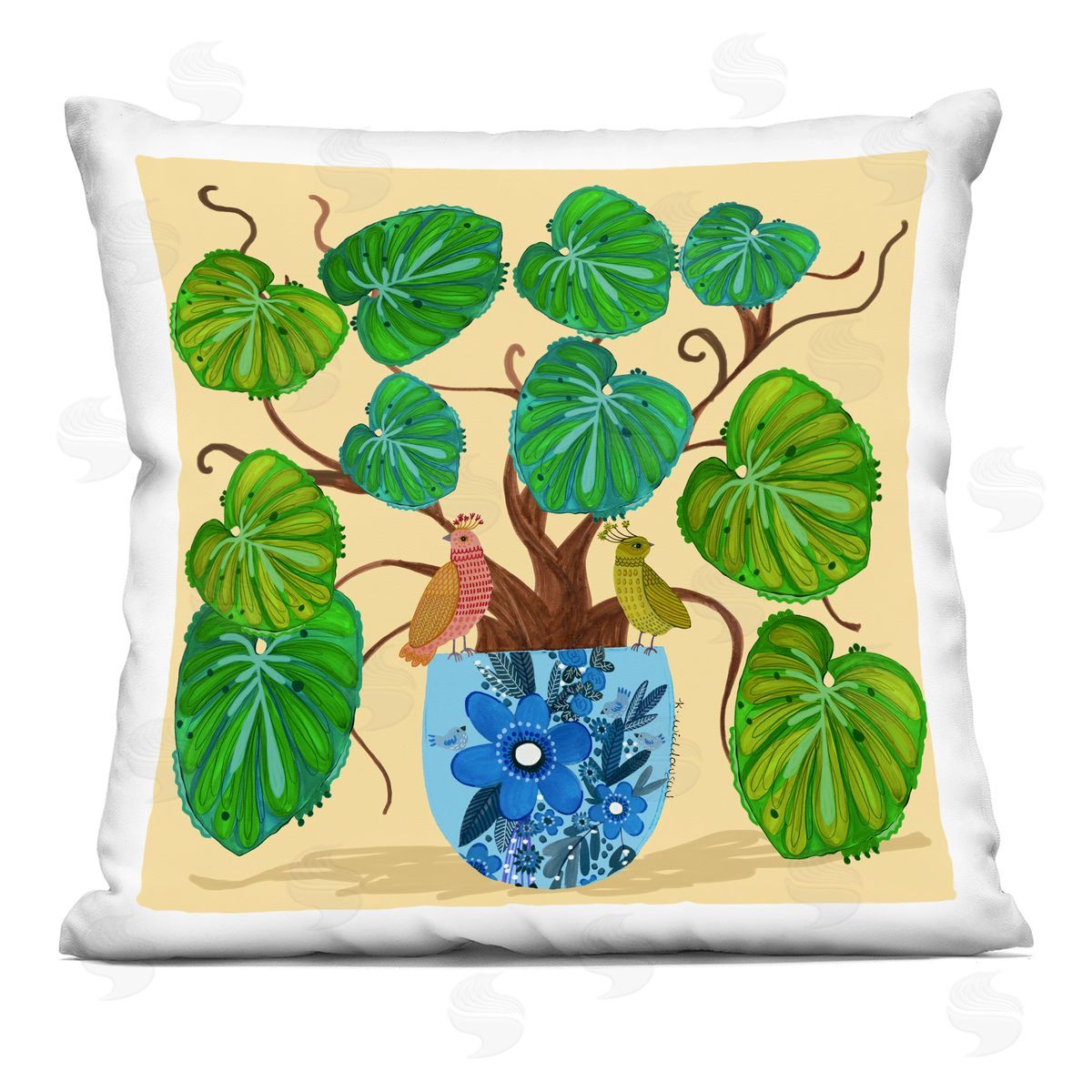 Kay Widdowson Potted Plant & Birds Perched Printed Plush Polyester Throw Pillow