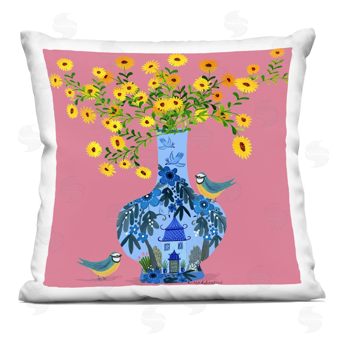 Kay Widdowson Ornate Vase with Daisies Printed Plush Polyester Throw Pillow