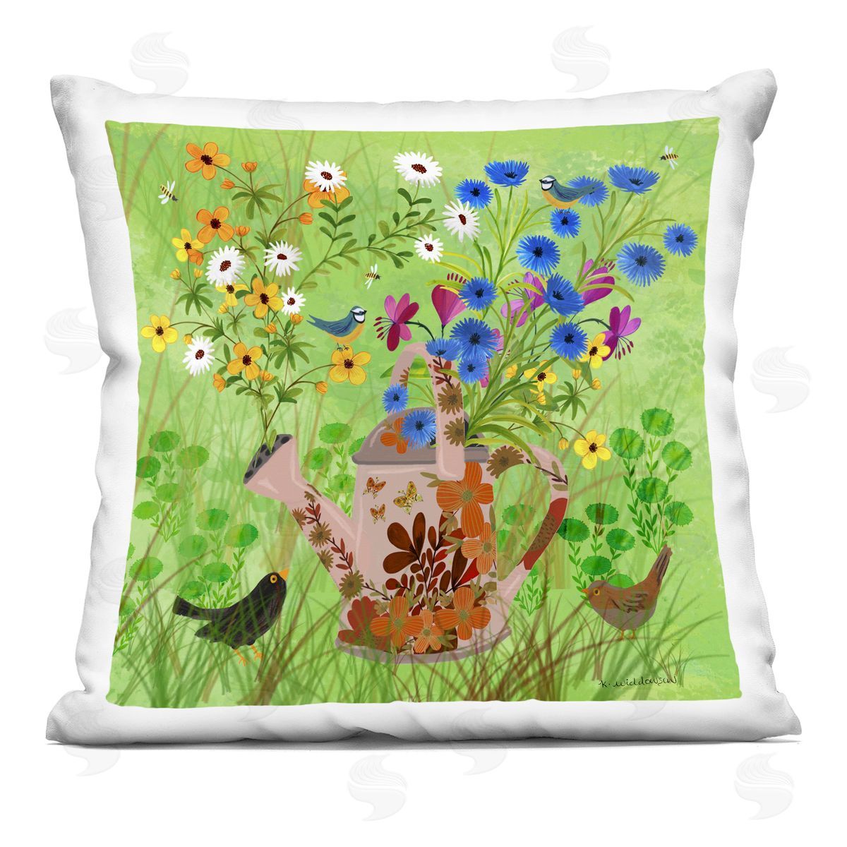Kay Widdowson Bright Gardening Can & Birds Printed Plush Polyester Throw Pillow