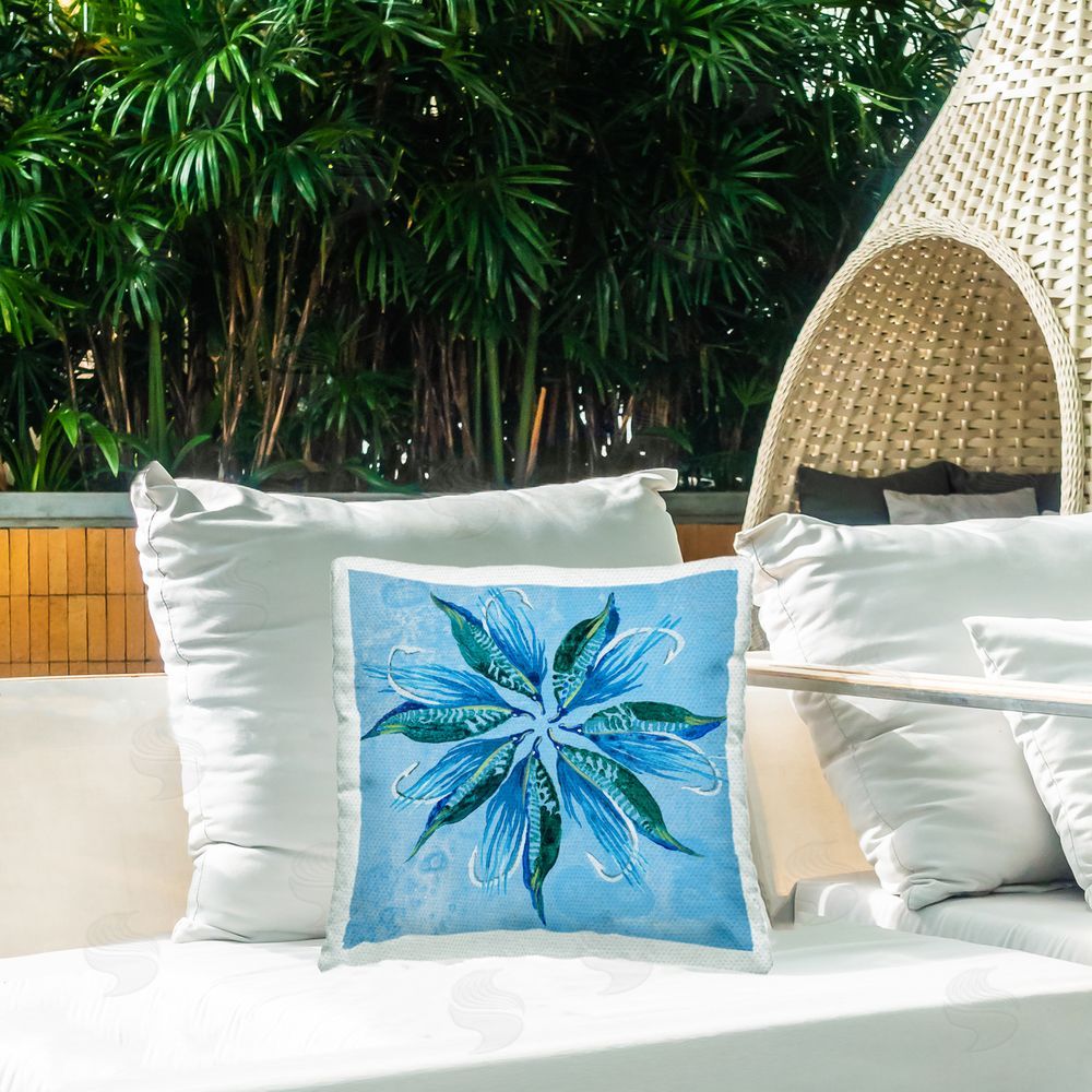 Liz Jardine Blue Flower Shape Design Outdoor Quick-Dry Polyester Printed Throw Pillow in Back Yard