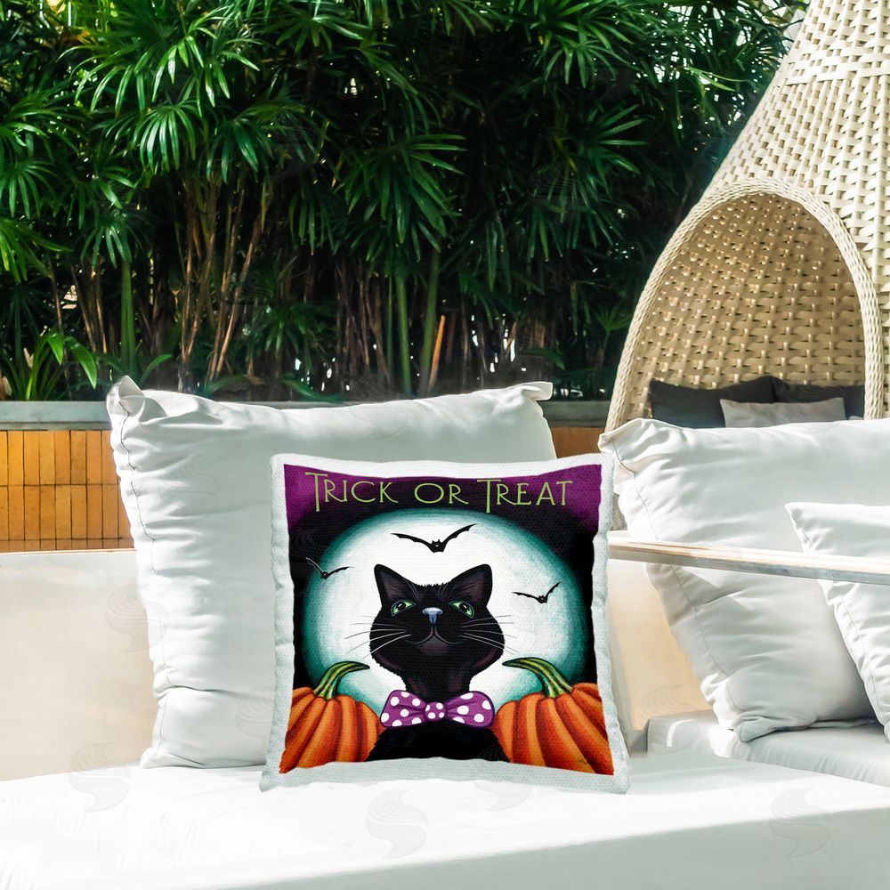 Elizabeth Tyndall Trick Or Treat Cat Outdoor Quick-Dry Polyester Printed Throw Pillow in Back Yard