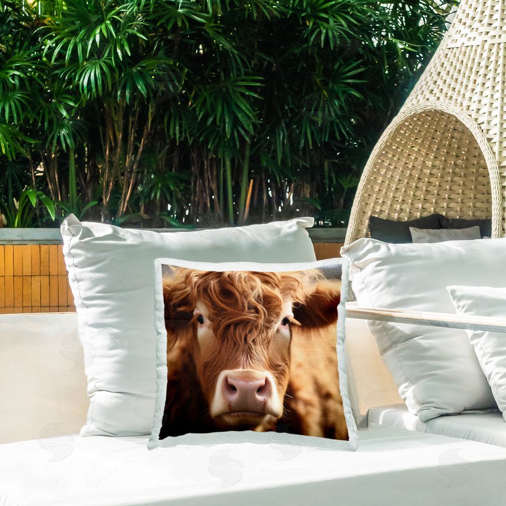 Heidi Kuntz Close Up Furry Cow Portrait Outdoor Quick-Dry Polyester Printed Throw Pillow in Back Yard
