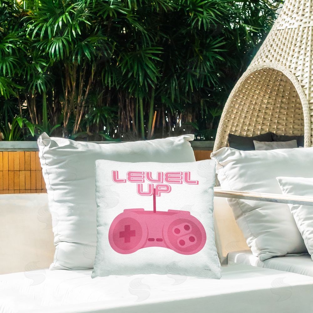 Yass Naffas Designs Girl Gamer Pink Level Up Outdoor Quick-Dry Polyester Printed Throw Pillow in Back Yard