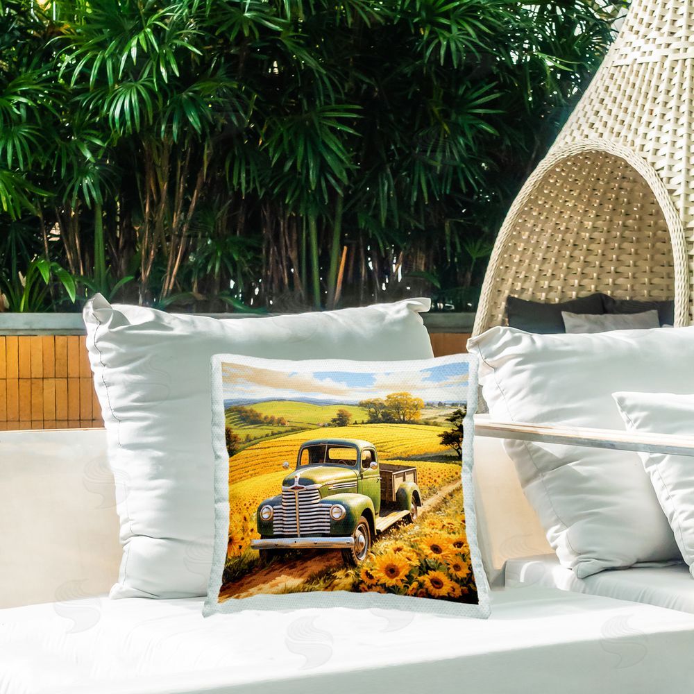 Heidi Kuntz Truck Through Sunflower Field Outdoor Quick-Dry Polyester Printed Throw Pillow in Back Yard