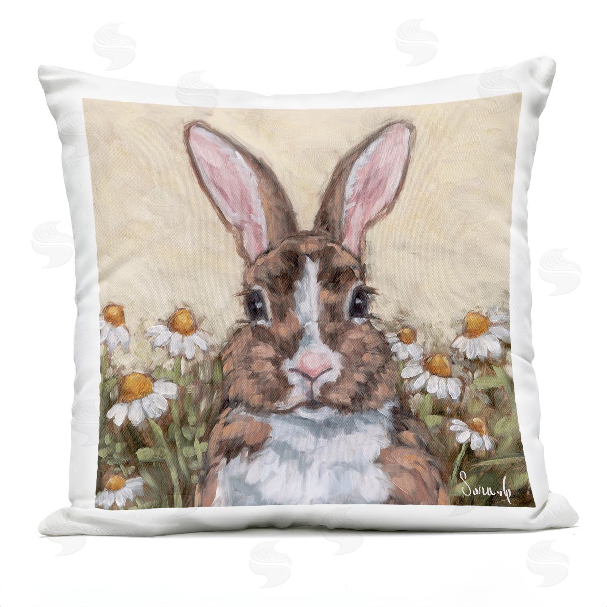 Sara G. Designs Rabbit Portrait with Daisies Outdoor Quick-Dry Polyester Printed Throw Pillow