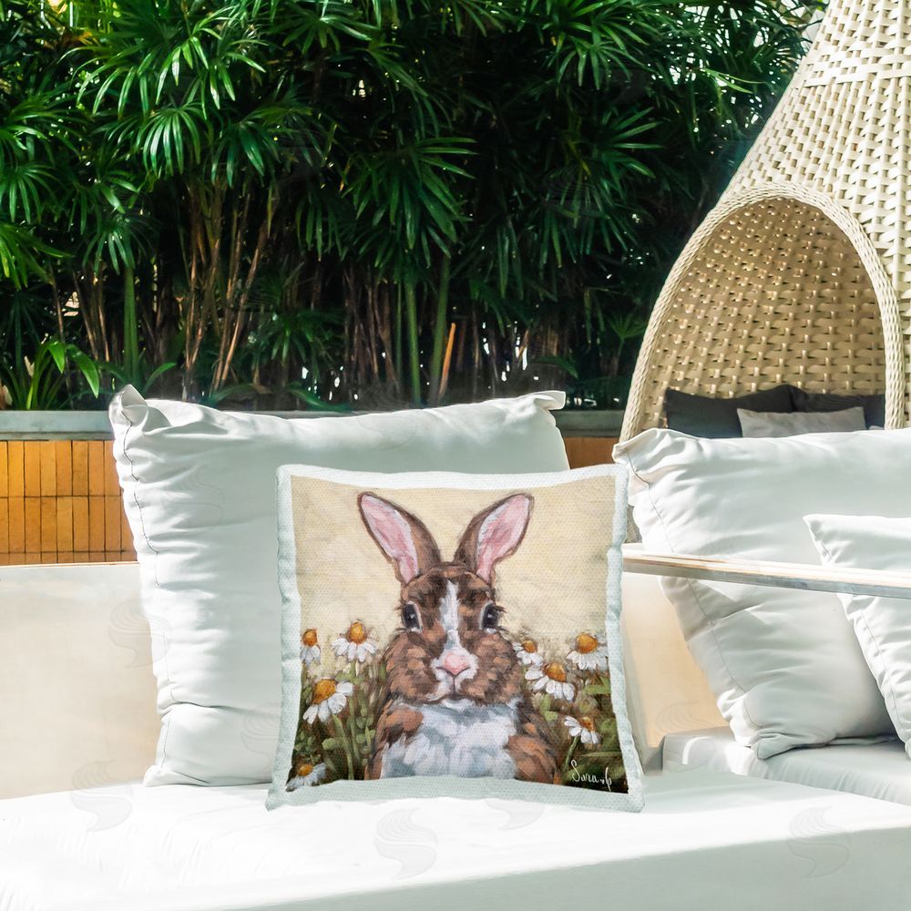Sara G. Designs Rabbit Portrait with Daisies Outdoor Quick-Dry Polyester Printed Throw Pillow in Back Yard