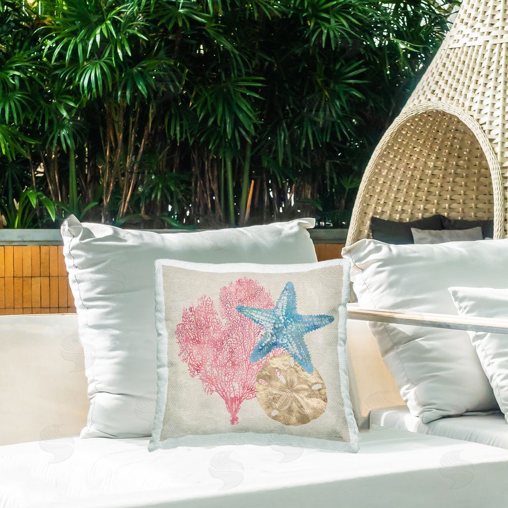 Amber Sterling Sea Life Trio on Beige Outdoor Quick-Dry Polyester Printed Throw Pillow in Back Yard