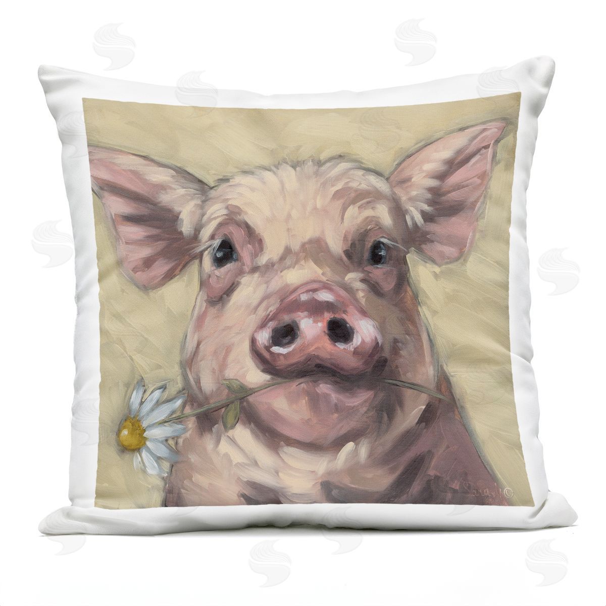 Sara G. Designs Pig Holding Daisy Sprig Outdoor Quick-Dry Polyester Printed Throw Pillow