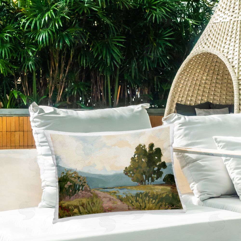 Sara Baker Path to Distant Countryside Outdoor Quick-Dry Polyester Printed Throw Pillow in Back Yard