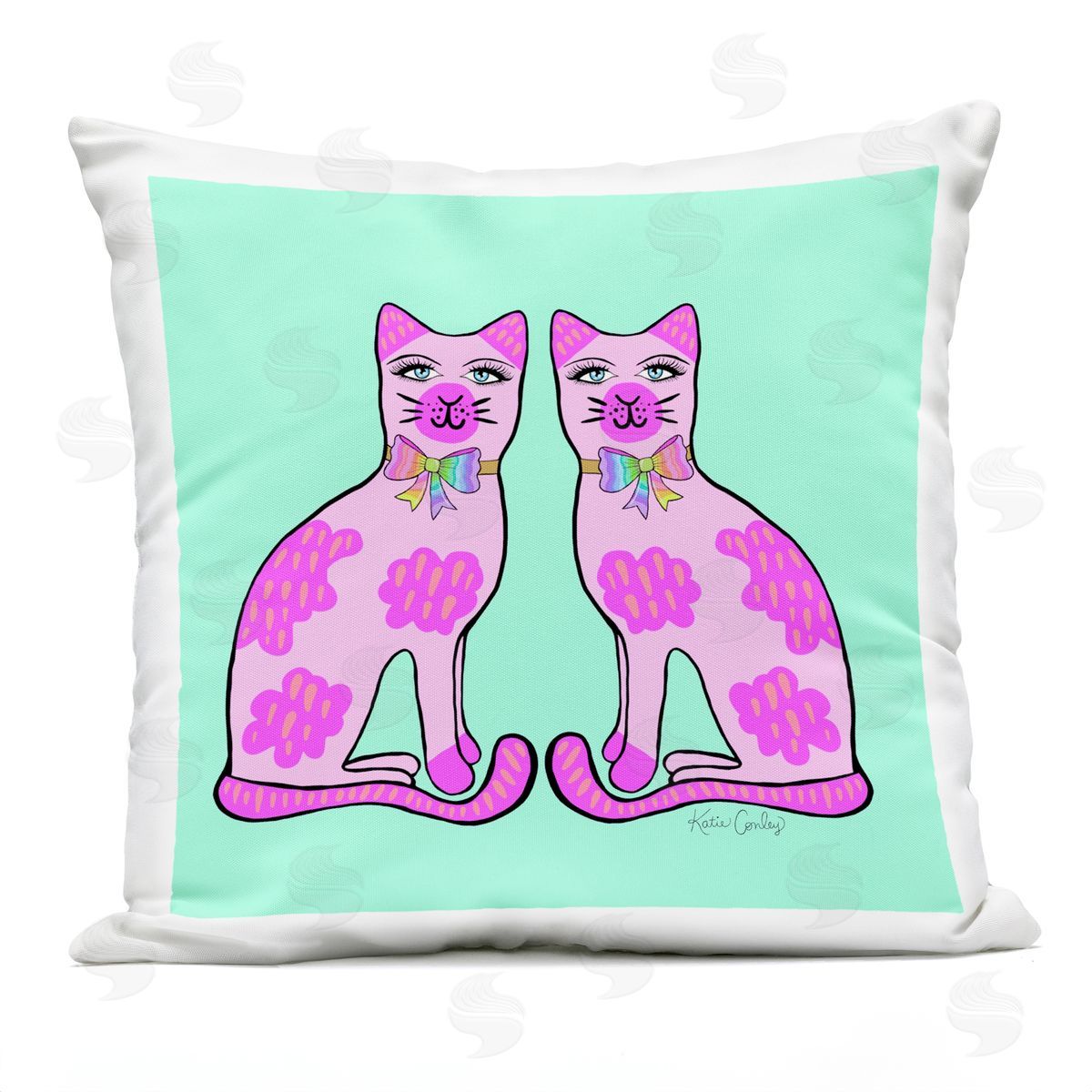 Katie Conley Classy Cats on Turquoise Outdoor Quick-Dry Polyester Printed Throw Pillow