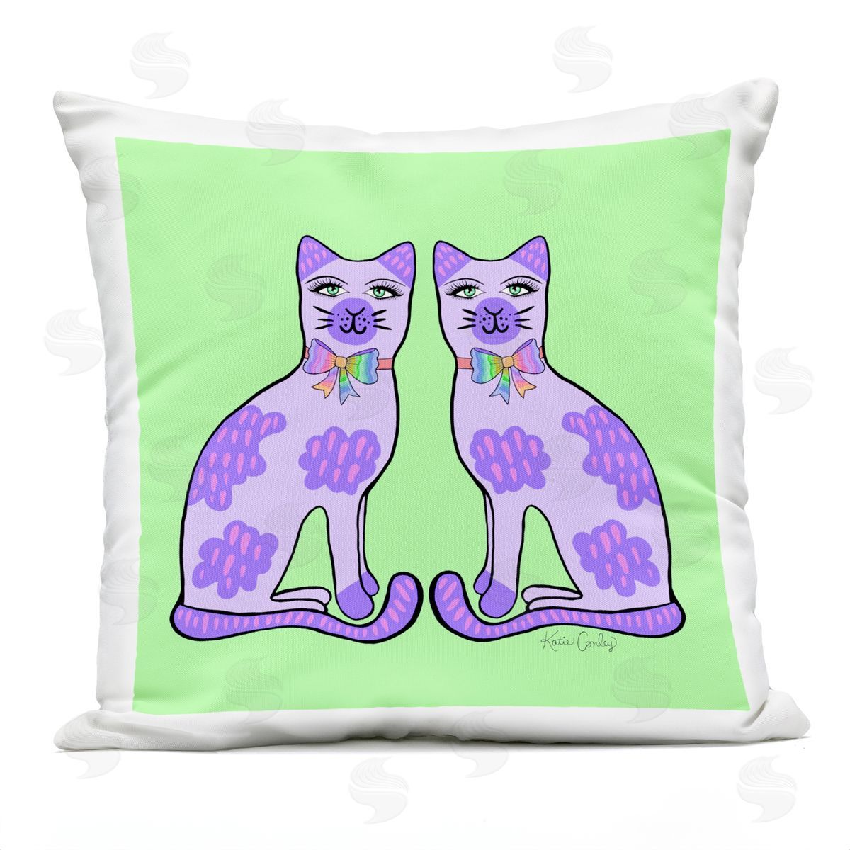 Katie Conley Classy Cats on Green Outdoor Quick-Dry Polyester Printed Throw Pillow