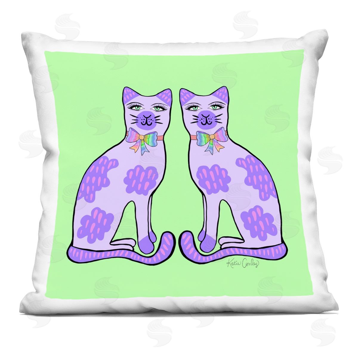Katie Conley Classy Cats on Green Printed Plush Polyester Throw Pillow