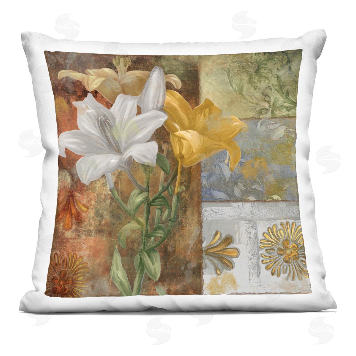 Sasha Blooming Lilies on Tile Pattern Printed Plush Polyester Throw Pillow