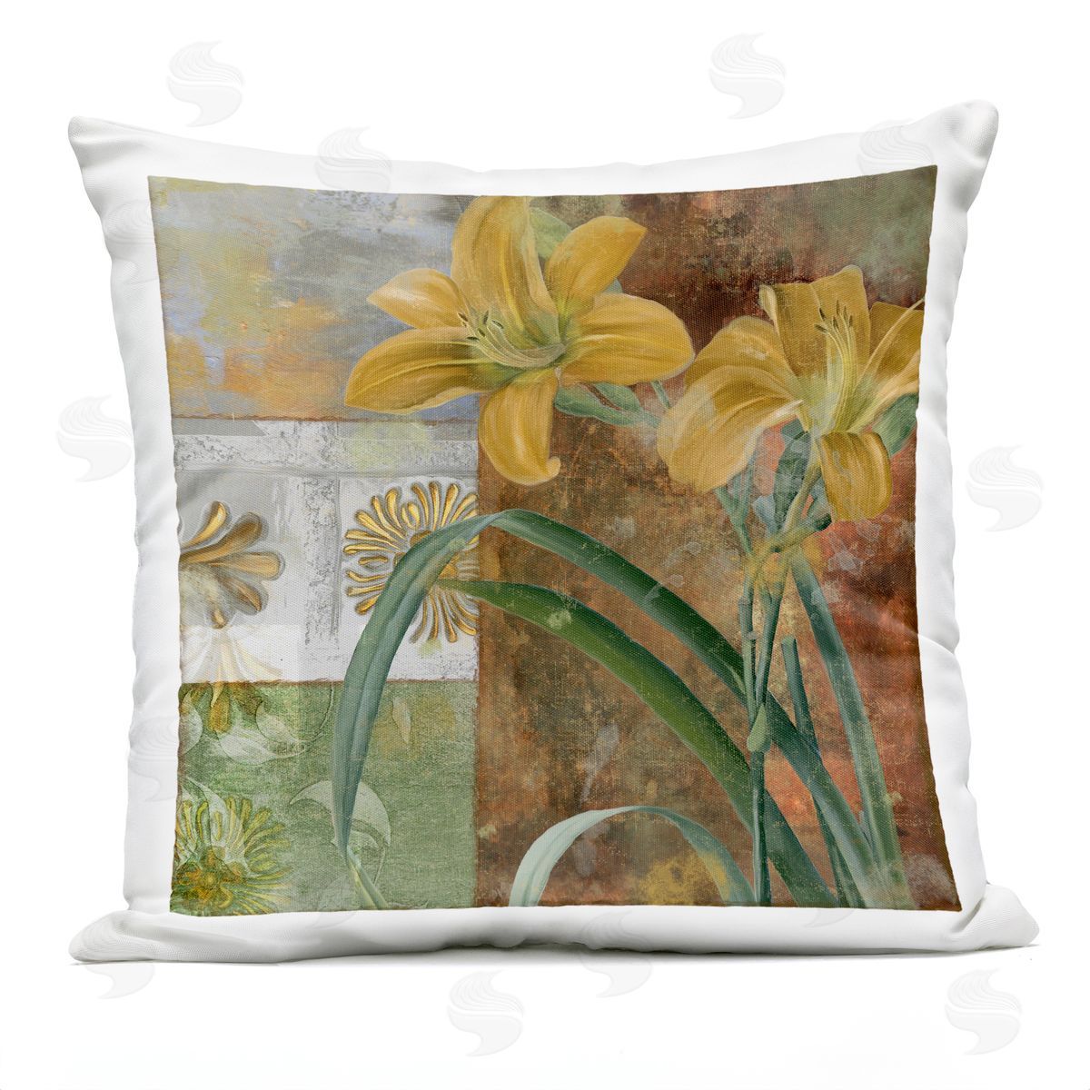 Sasha Yellow Lilies on Vintage Tile Outdoor Quick-Dry Polyester Printed Throw Pillow