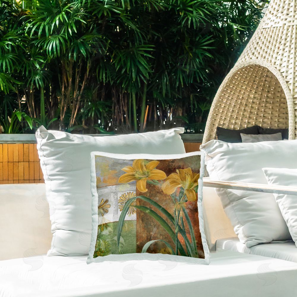 Sasha Yellow Lilies on Vintage Tile Outdoor Quick-Dry Polyester Printed Throw Pillow in Back Yard
