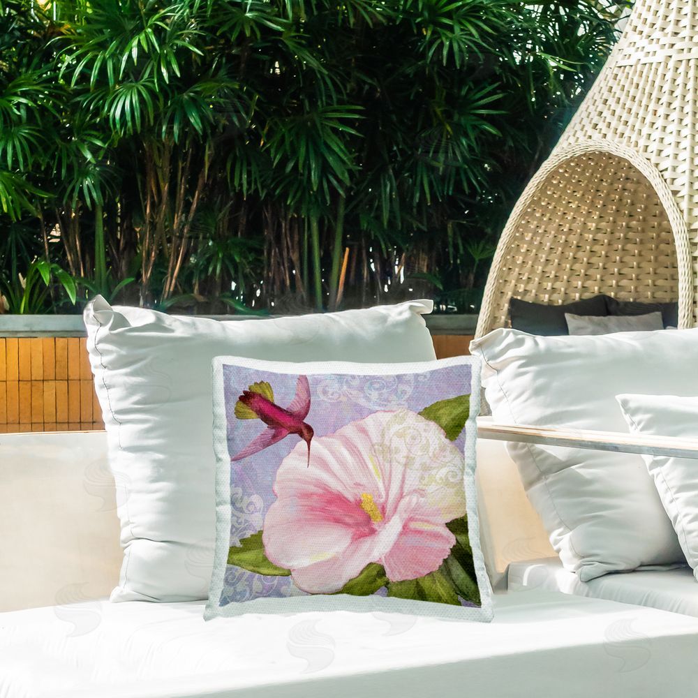 Sasha Hummingbird with White Flower Outdoor Quick-Dry Polyester Printed Throw Pillow in Back Yard