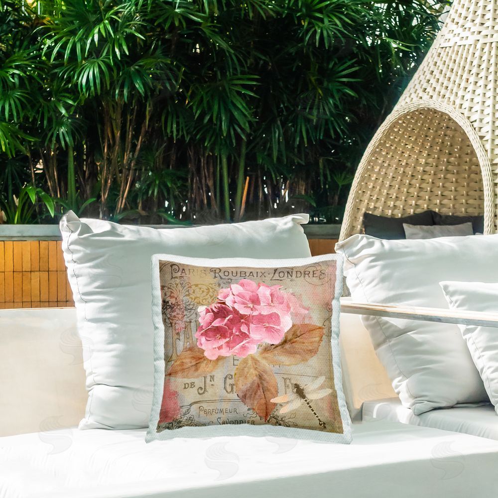 Sasha Vintage French Hydrangea Outdoor Quick-Dry Polyester Printed Throw Pillow in Back Yard