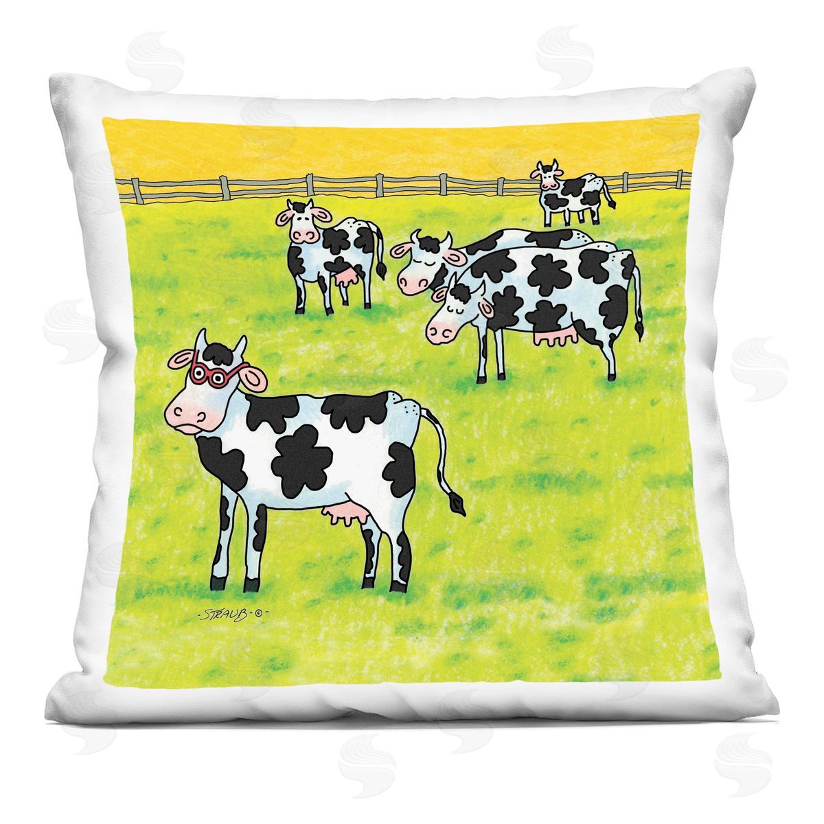 Roger Straub Funny Cow Herd with Specs Printed Plush Polyester Throw Pillow