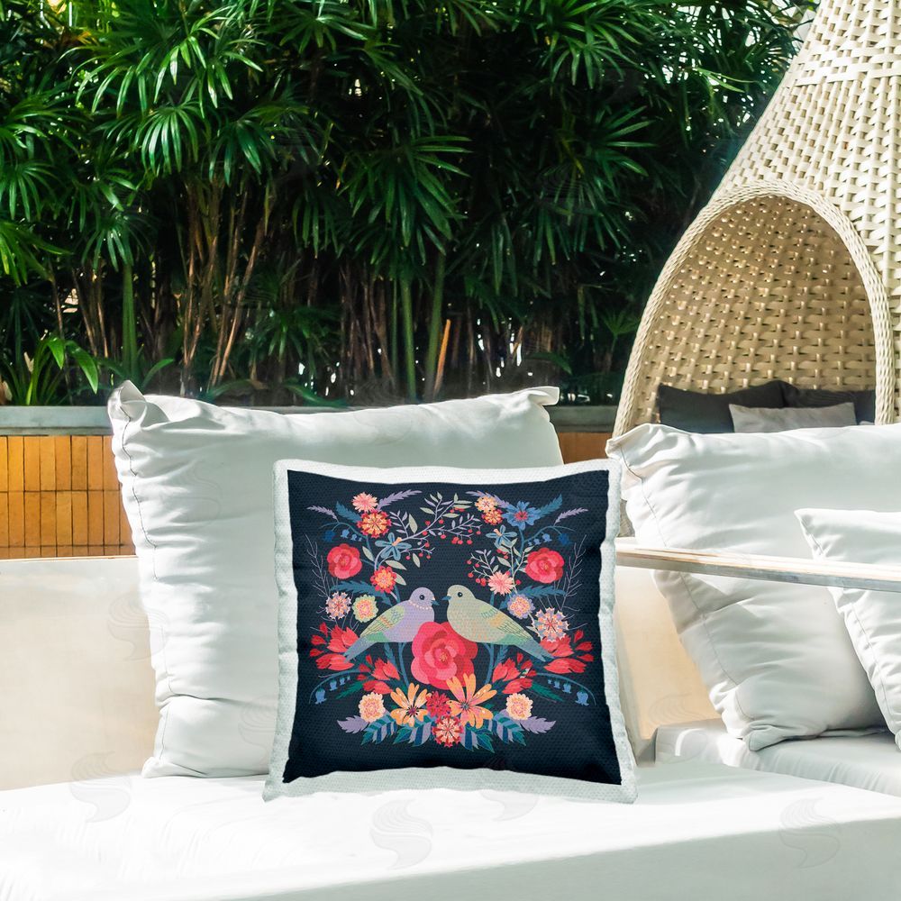 Verbrugge Watercolor Symmetrical Birds & Flowers Outdoor Quick-Dry Polyester Printed Throw Pillow in Back Yard