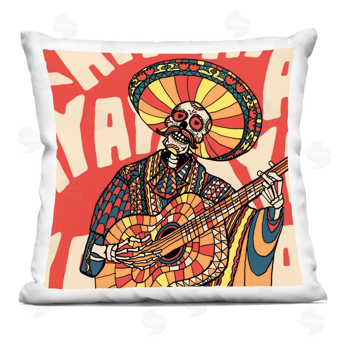 Ali Gulec Day Of Dead Guitarist Skeleton Printed Plush Polyester Throw Pillow