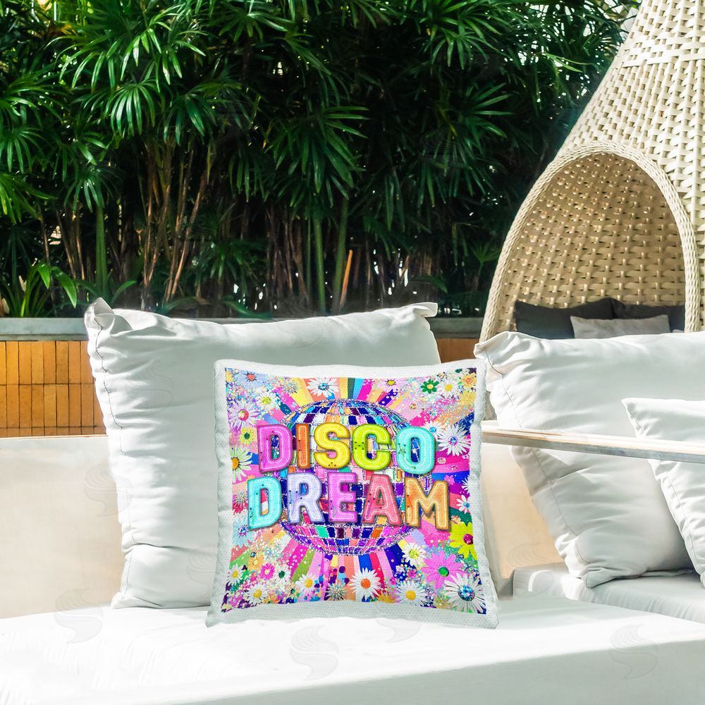 Jess Stempel Vivid Disco Dream with Daisies Outdoor Quick-Dry Polyester Printed Throw Pillow in Back Yard