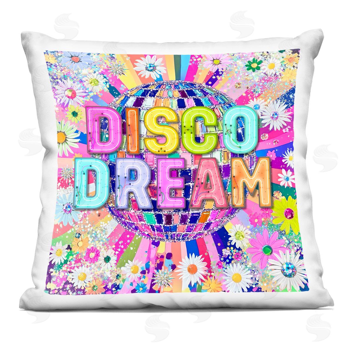 Jess Stempel Vivid Disco Dream with Daisies Printed Plush Polyester Throw Pillow