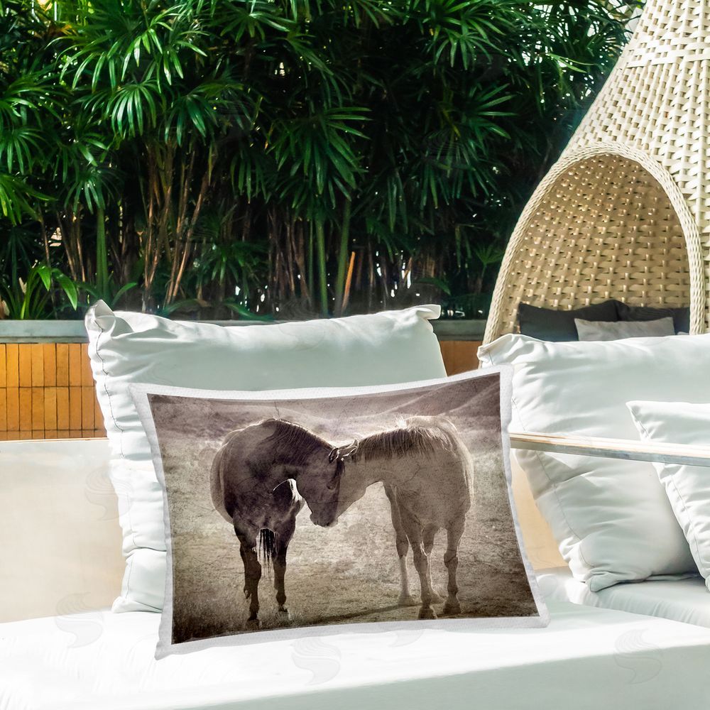 Steve Toole Muted Horse Pair Hugging Outdoor Quick-Dry Polyester Printed Throw Pillow in Back Yard