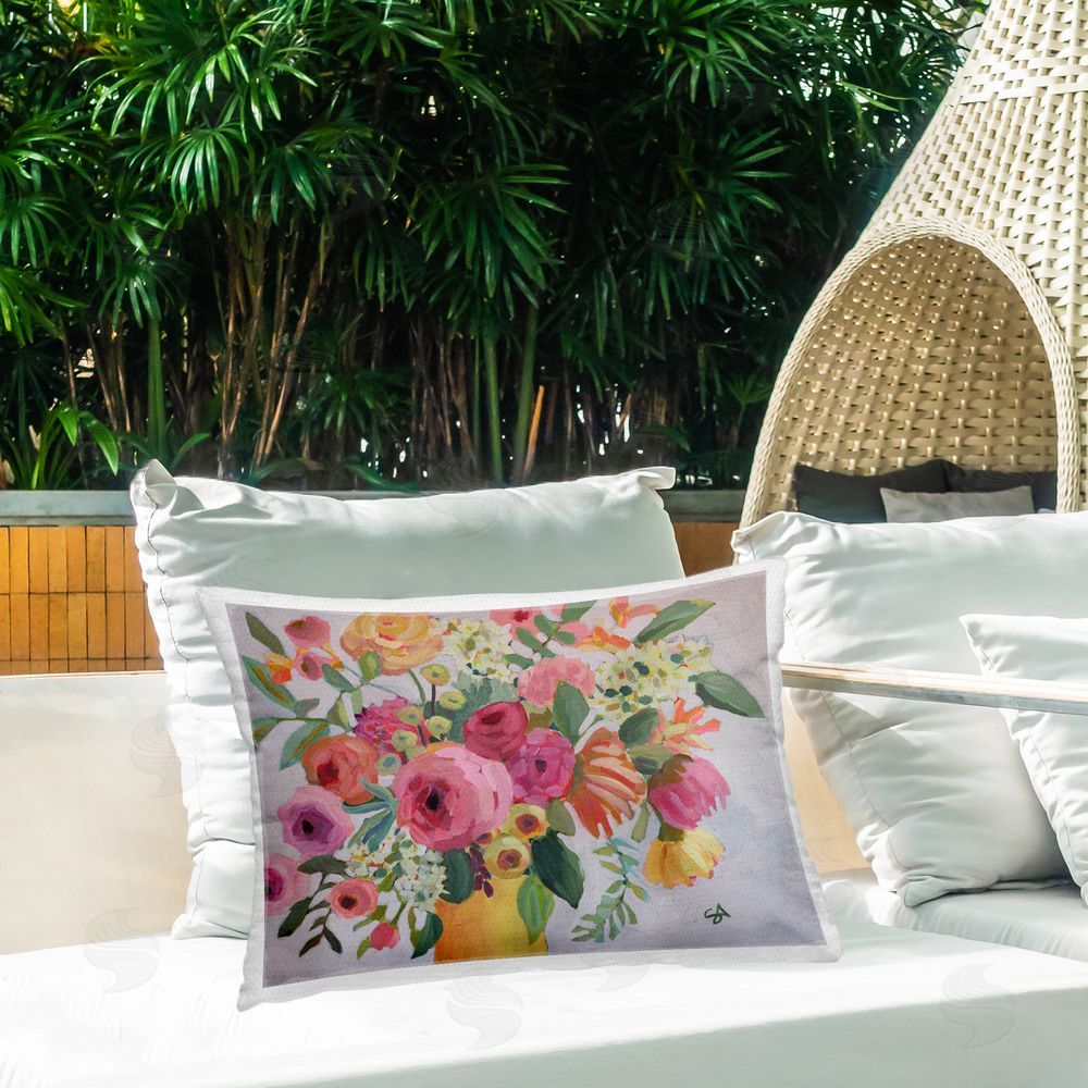 Suzanne Allard Assorted Flowers in Pink & Yellow Outdoor Quick-Dry Polyester Printed Throw Pillow in Back Yard