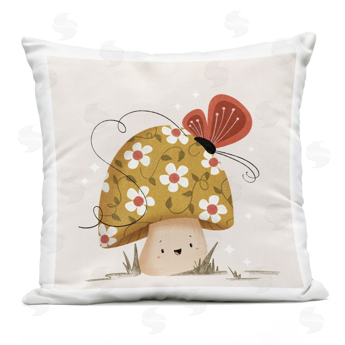 Sarah Hickman Happy Mushroom & Butterfly Outdoor Quick-Dry Polyester Printed Throw Pillow