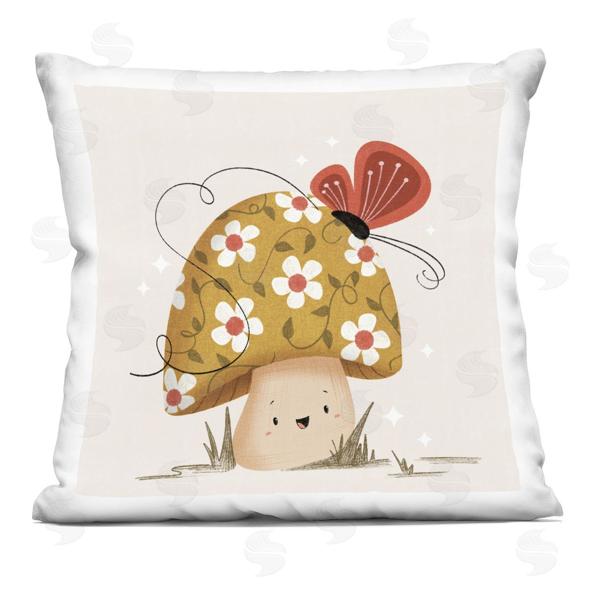 Sarah Hickman Happy Mushroom & Butterfly Printed Plush Polyester Throw Pillow