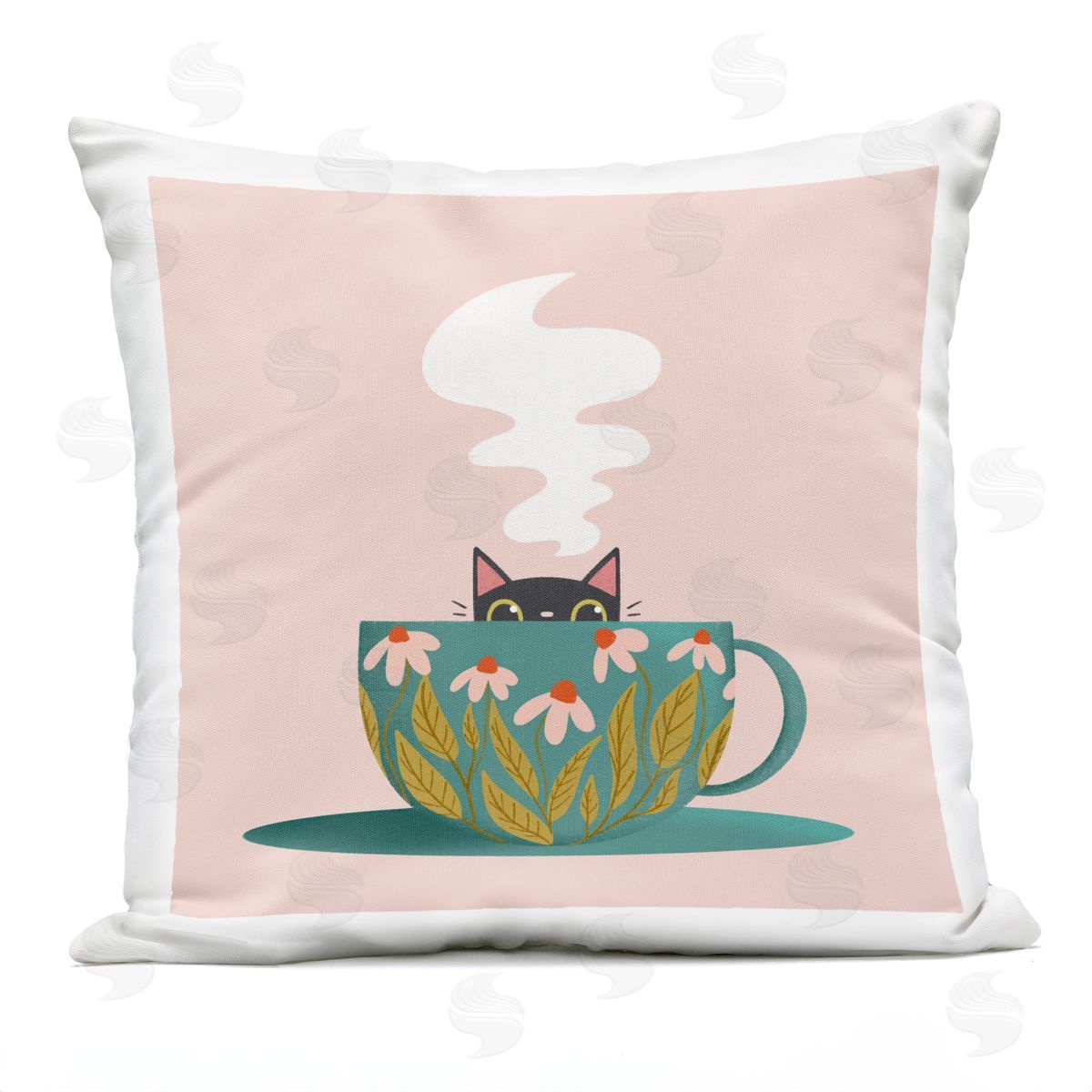 Sarah Hickman Cat Peeking Over Teacup Outdoor Quick-Dry Polyester Printed Throw Pillow