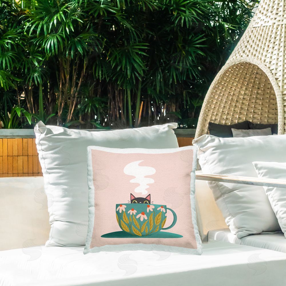 Sarah Hickman Cat Peeking Over Teacup Outdoor Quick-Dry Polyester Printed Throw Pillow in Back Yard