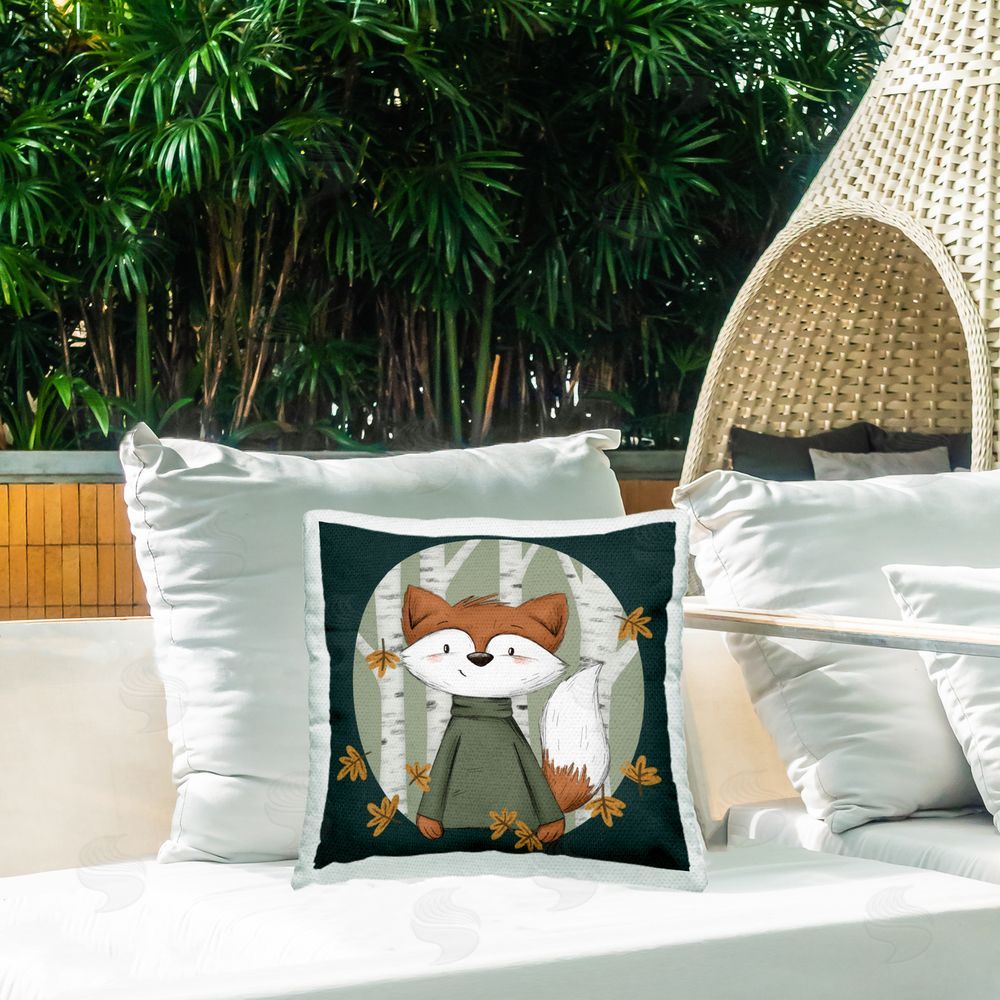 Sarah Hickman Autumnal Fox & Birch Trees Outdoor Quick-Dry Polyester Printed Throw Pillow in Back Yard