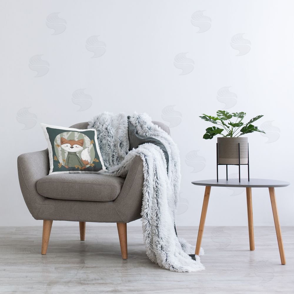 Sarah Hickman Autumnal Fox & Birch Trees Printed Plush Polyester Throw Pillow On Chair