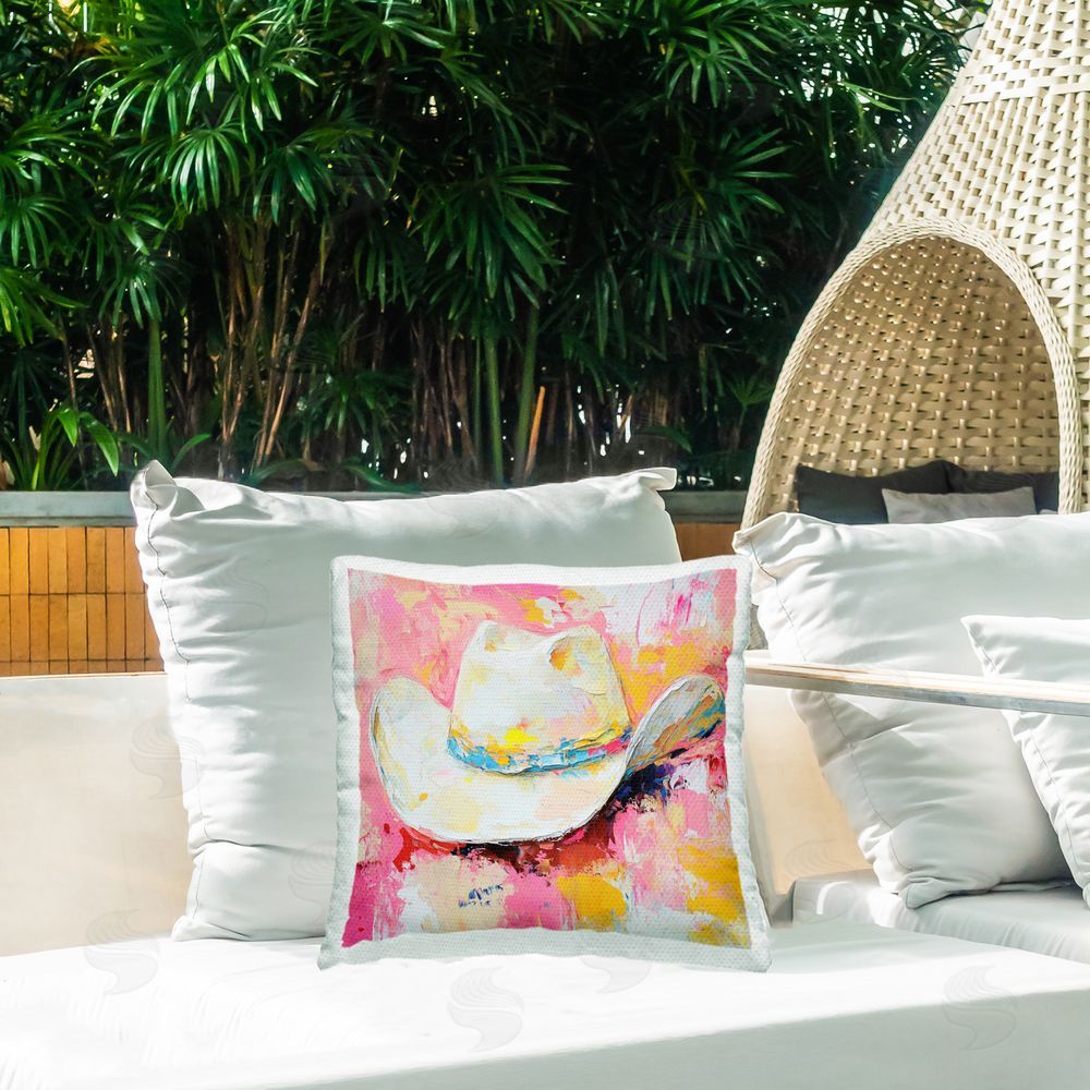 Heidi Kuntz Painterly Brushed Cowgirl Hat Outdoor Quick-Dry Polyester Printed Throw Pillow in Back Yard