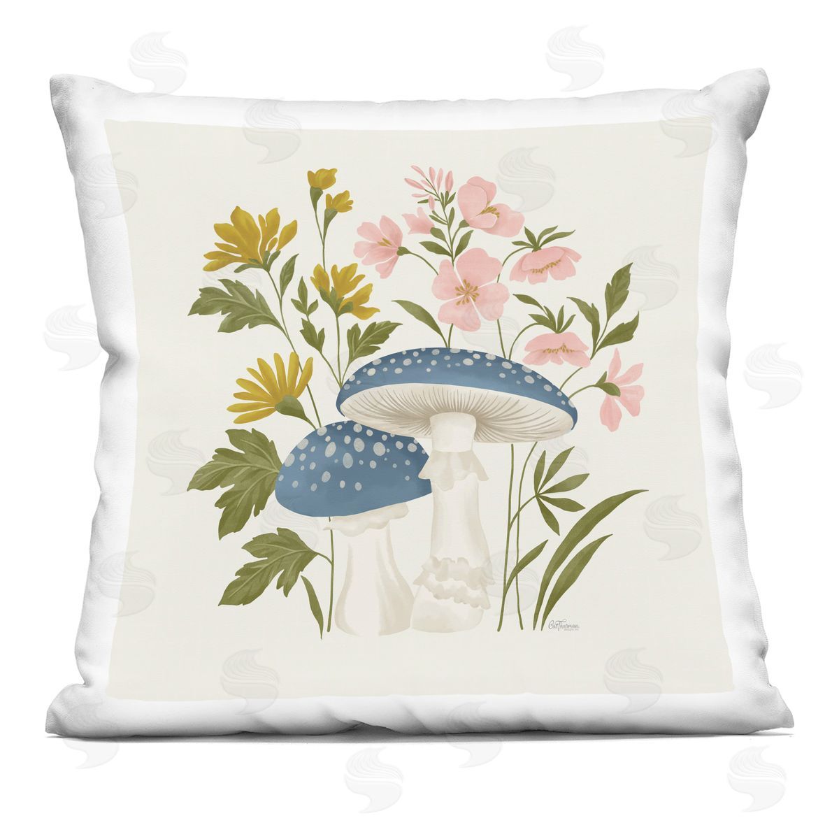 Cat Thurman Designs Blue Mushrooms & Wildflowers Printed Plush Polyester Throw Pillow
