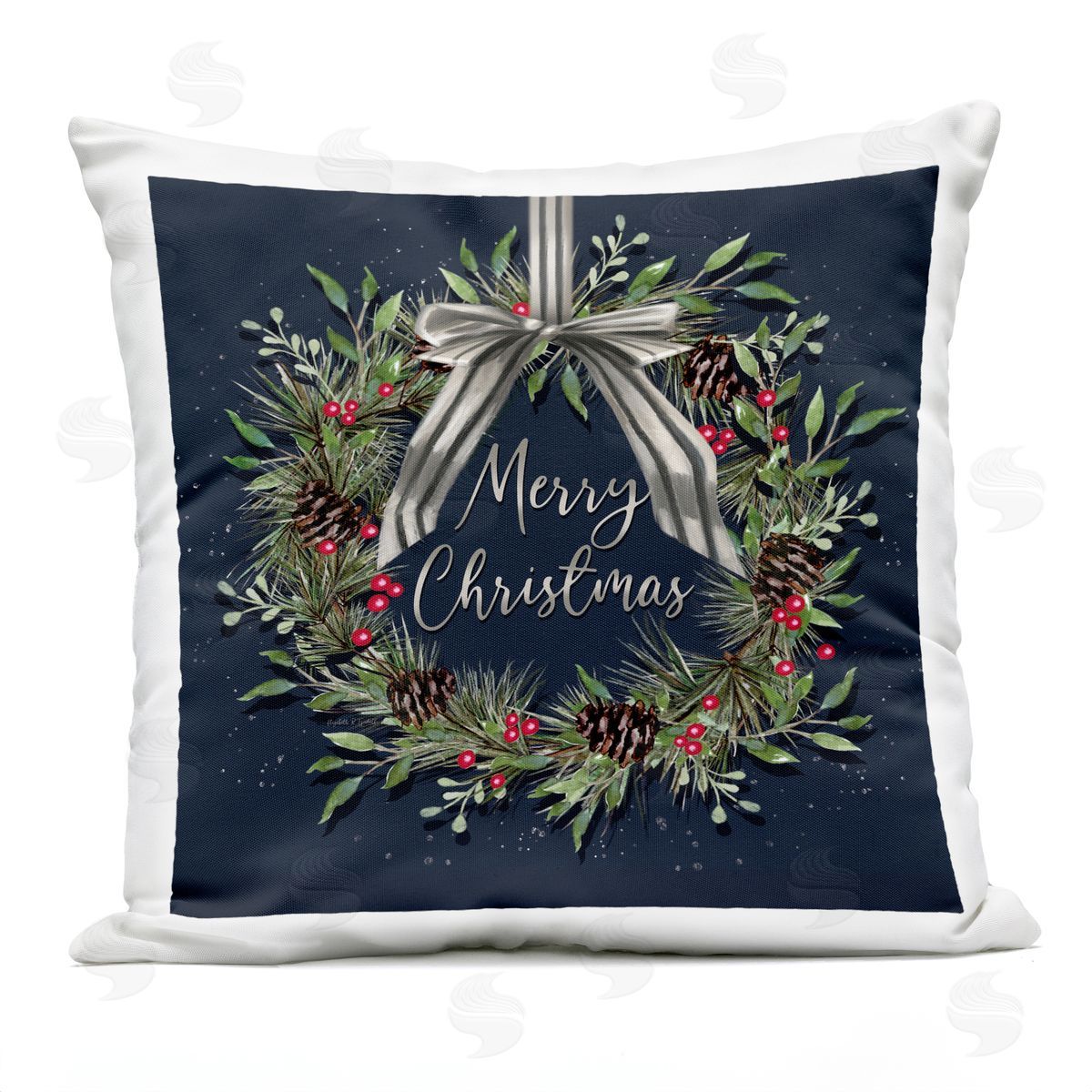 Elizabeth Tyndall Hanging Christmas Wreath with Bow Outdoor Quick-Dry Polyester Printed Throw Pillow