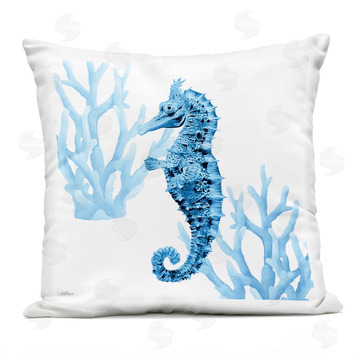 Cat Thurman Designs Blue Tone Seahorse & Coral Outdoor Quick-Dry Polyester Printed Throw Pillow