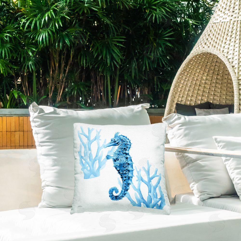 Cat Thurman Designs Blue Tone Seahorse & Coral Outdoor Quick-Dry Polyester Printed Throw Pillow in Back Yard