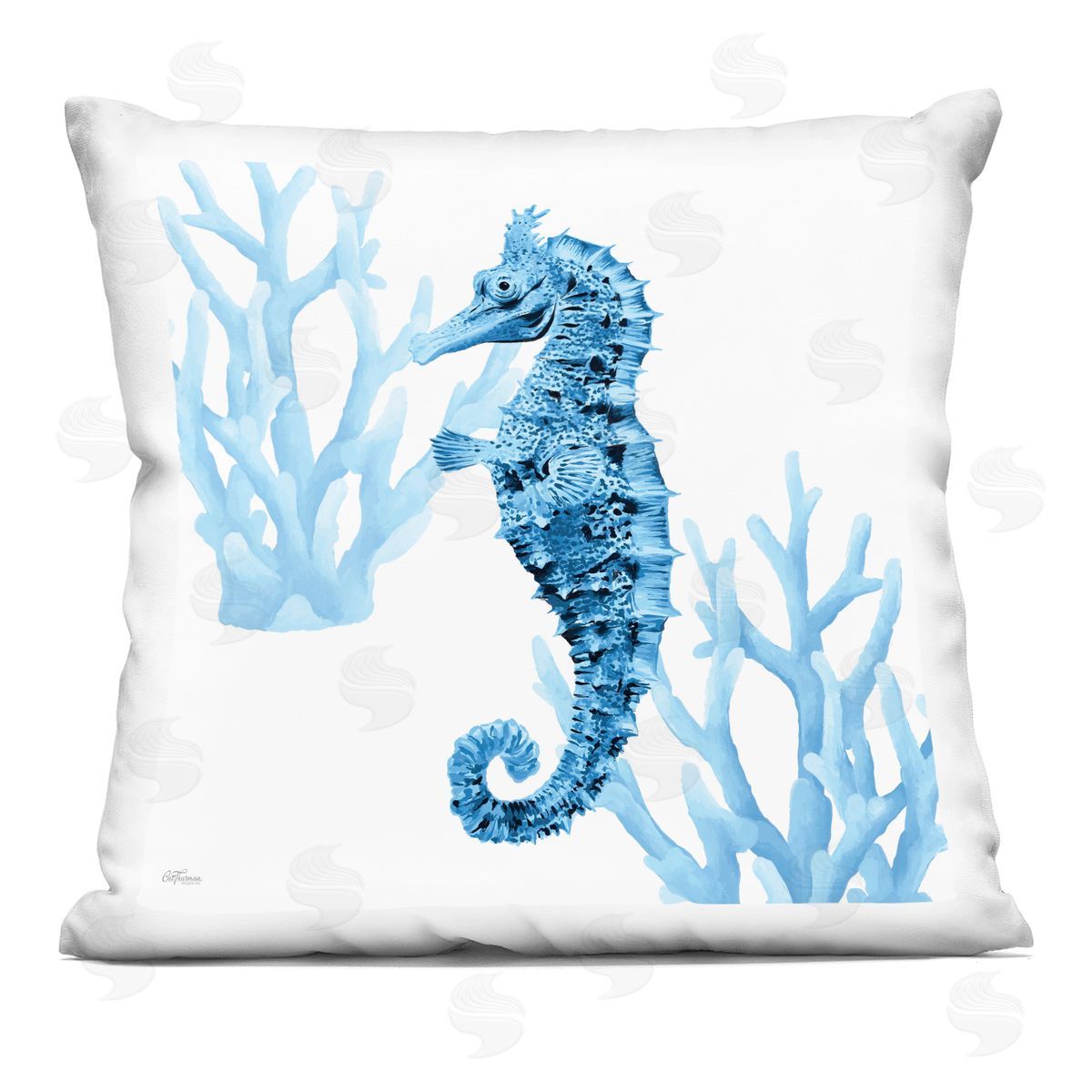 Cat Thurman Designs Blue Tone Seahorse & Coral Printed Plush Polyester Throw Pillow