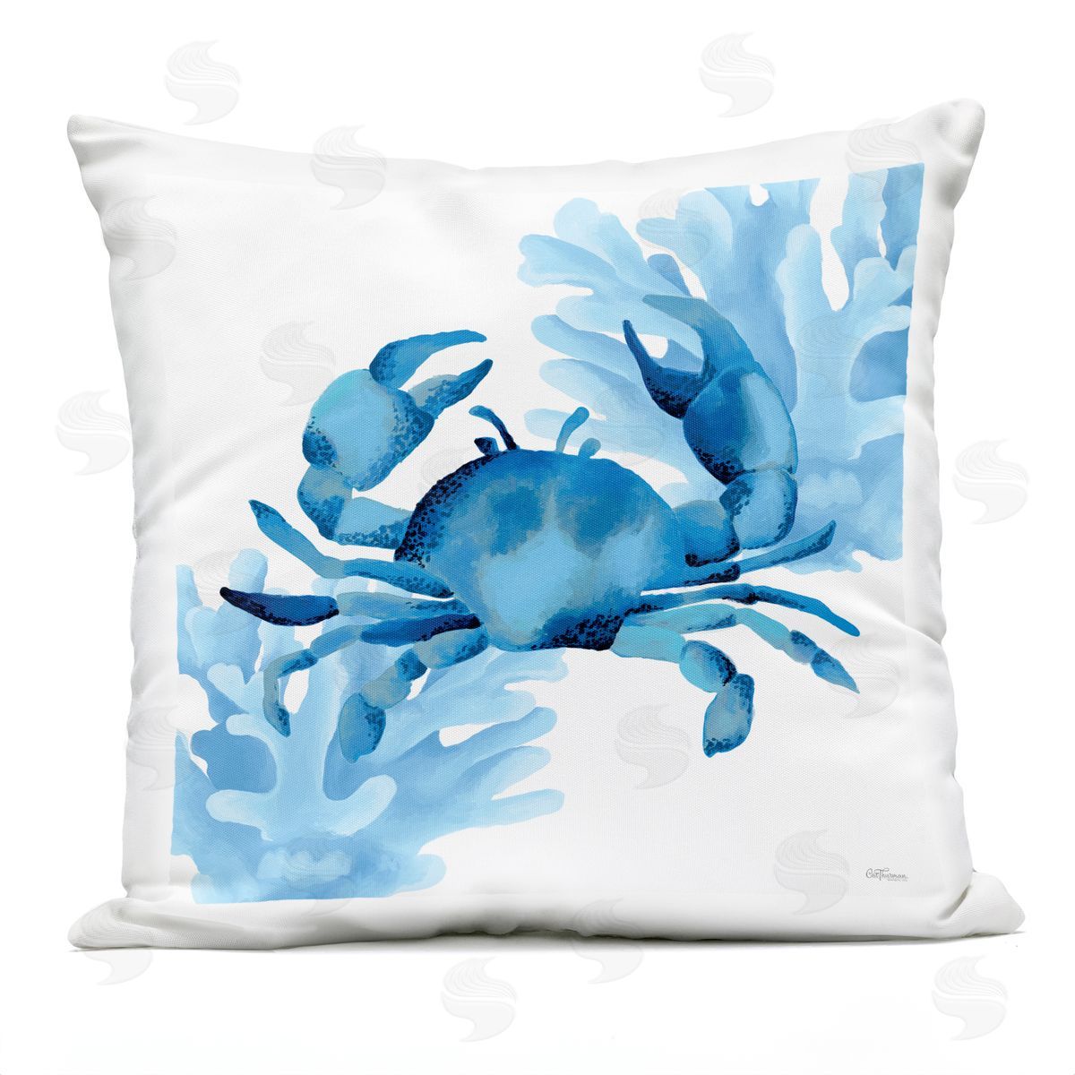 Cat Thurman Designs Blue Tone Crab & Coral Outdoor Quick-Dry Polyester Printed Throw Pillow